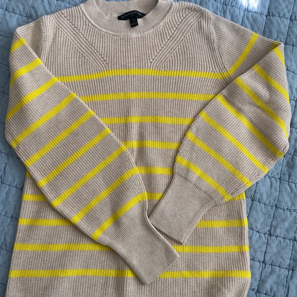 Banana Republic Beige Crewneck Sweater with Yellow Stripes